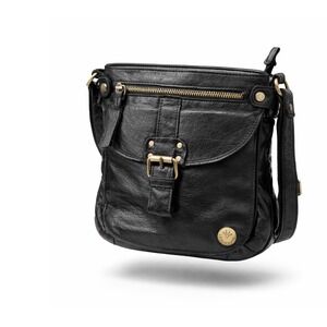 Leder Buck Black Leather Crossbody Bag Flap Buckle Zip Pocket Adjustable Strap